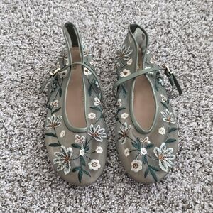 Floral Embroidered Green Women's Shoes
